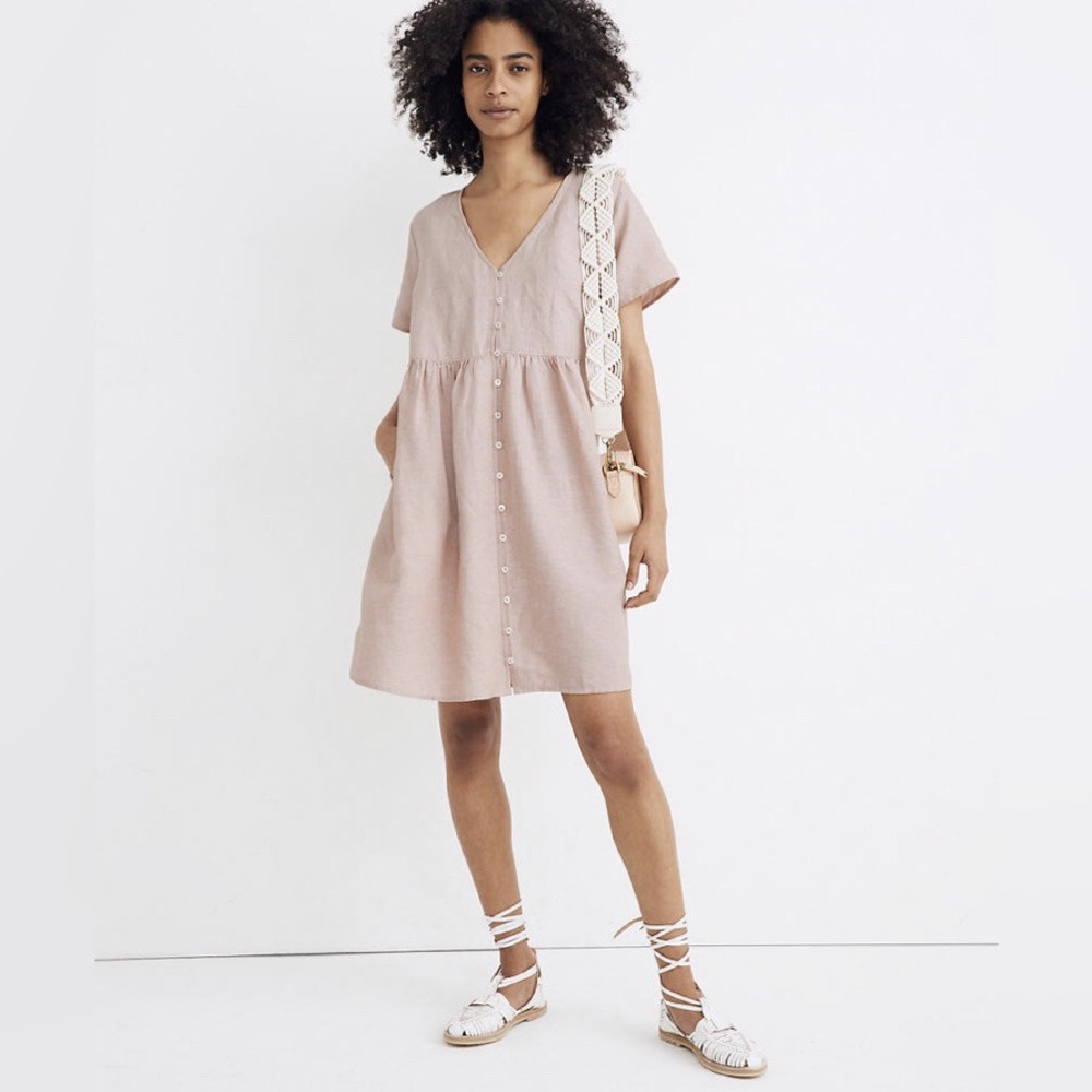MADEWELL Linen Blend Alexandra Button Front Mini‎ Dress in Antique Coral